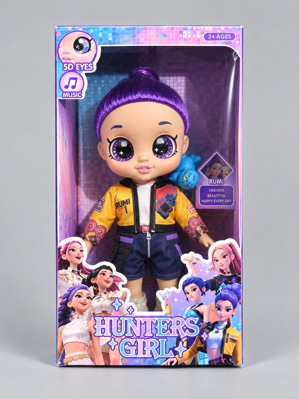 KPOP Demon Hunters Rumi Singing Doll – Music 5D Eyes Purple Hair Boxed Figure